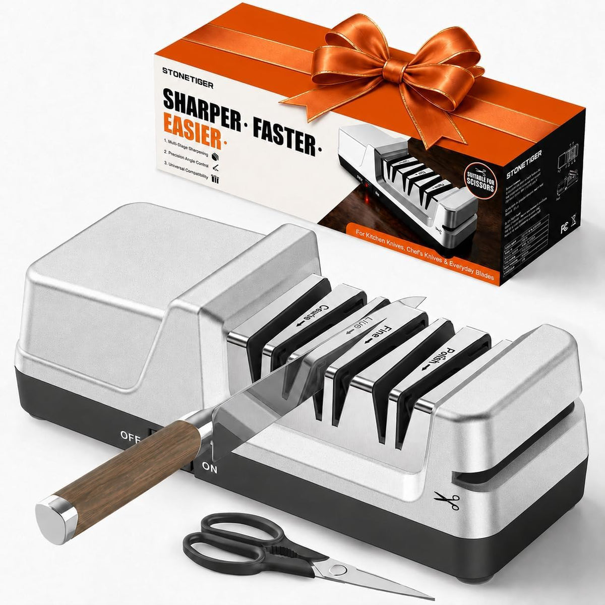4-in-1 Electric Knife Sharpener for Home Cooks Kitchen (Silver)