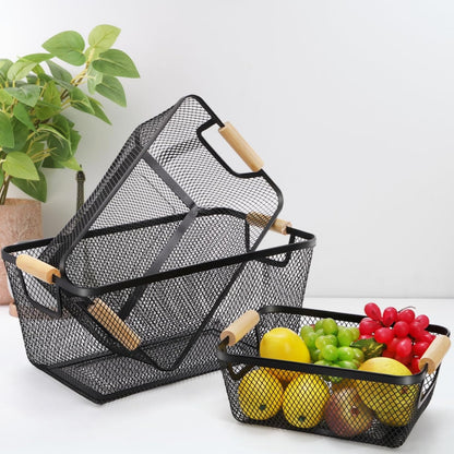 Noamus 3 Pack Metal Mesh Basket with Wooden Handle, Farmhouse Wire Steel Storage Bins, Rectangle Fruit Vegetable Organizer Containers for Home Cabinet Pantry Kitchen Decor, Snack Gift (Black, 3 Size)