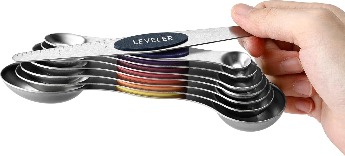 Spring Chef Stainless Steel Magnetic Measuring Spoons Set with Strong N45 Magnets, Heavy Duty Metal Kitchen Gadgets for Baking & Cooking, Fits in Most Kitchen Spice Jars, Set of 8 with Leveler, Black