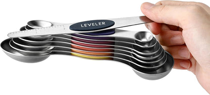 Spring Chef Stainless Steel Magnetic Measuring Spoons Set with Strong N45 Magnets, Heavy Duty Metal Kitchen Gadgets for Baking & Cooking, Fits in Most Kitchen Spice Jars, Set of 8 with Leveler, Black