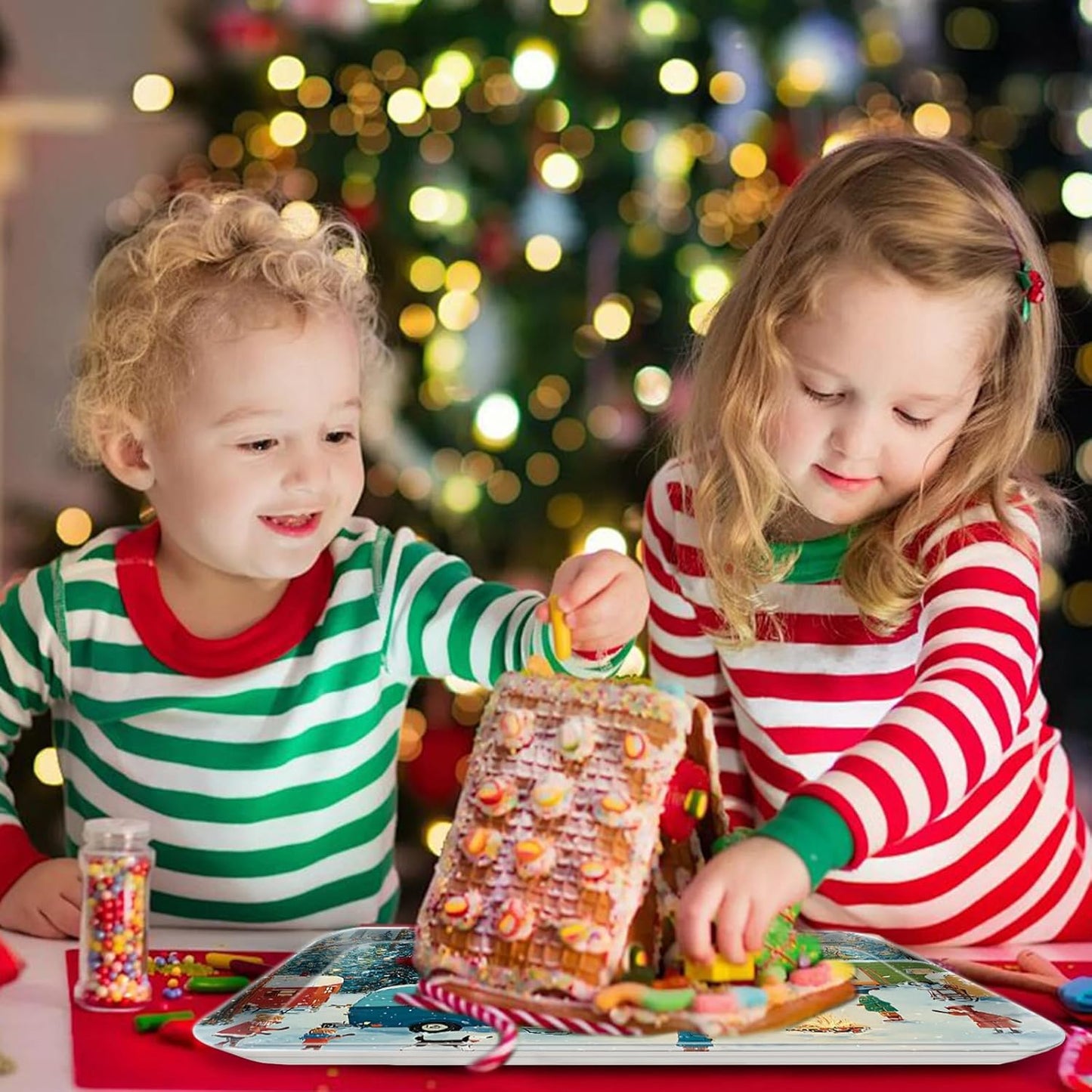 4 Pack Christmas Serving Trays, 15 x 11 Inch Melamine Holiday Platters with Winter Village, Ice Skating, and Camping Designs, Reusable Festive Trays for Snacks, Cookies, and Entertaining