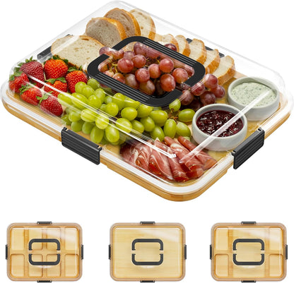 SpaceAid Charcuterie Board with Clear Lid, Portable Travel Cheese Cutting Boards for Picnic Accessories, Bamboo Serving Tray with Lids, House Warming Gifts, Black Handles, 8 Compartments