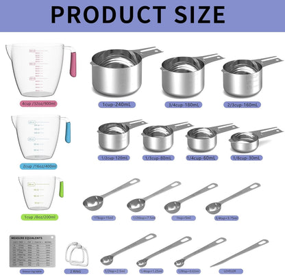 Stainless Steel Measuring Cups and Spoons Set, 6 Stainless Steel Measuring Cups, 7 Measuring Spoons & 1 Leveler, 3 Plastic Measuring Cup with 1 Measuring Conversion Chart