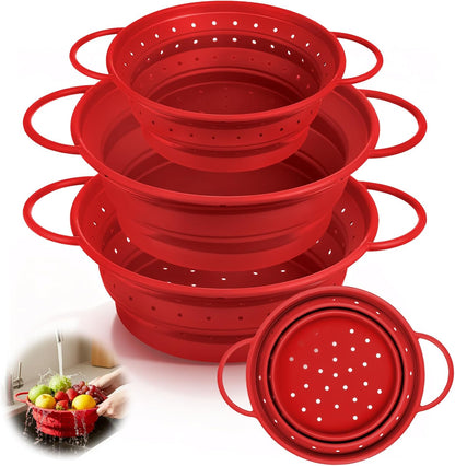 3 Pack Collapsible Colander with Strainer Bowl Set, 11 & 13 In BPA-Free Silicone Colanders for Kitchen, Heat-Resistant Strainer Dishwasher Safe Baskets for Vegetable Fruits(White)