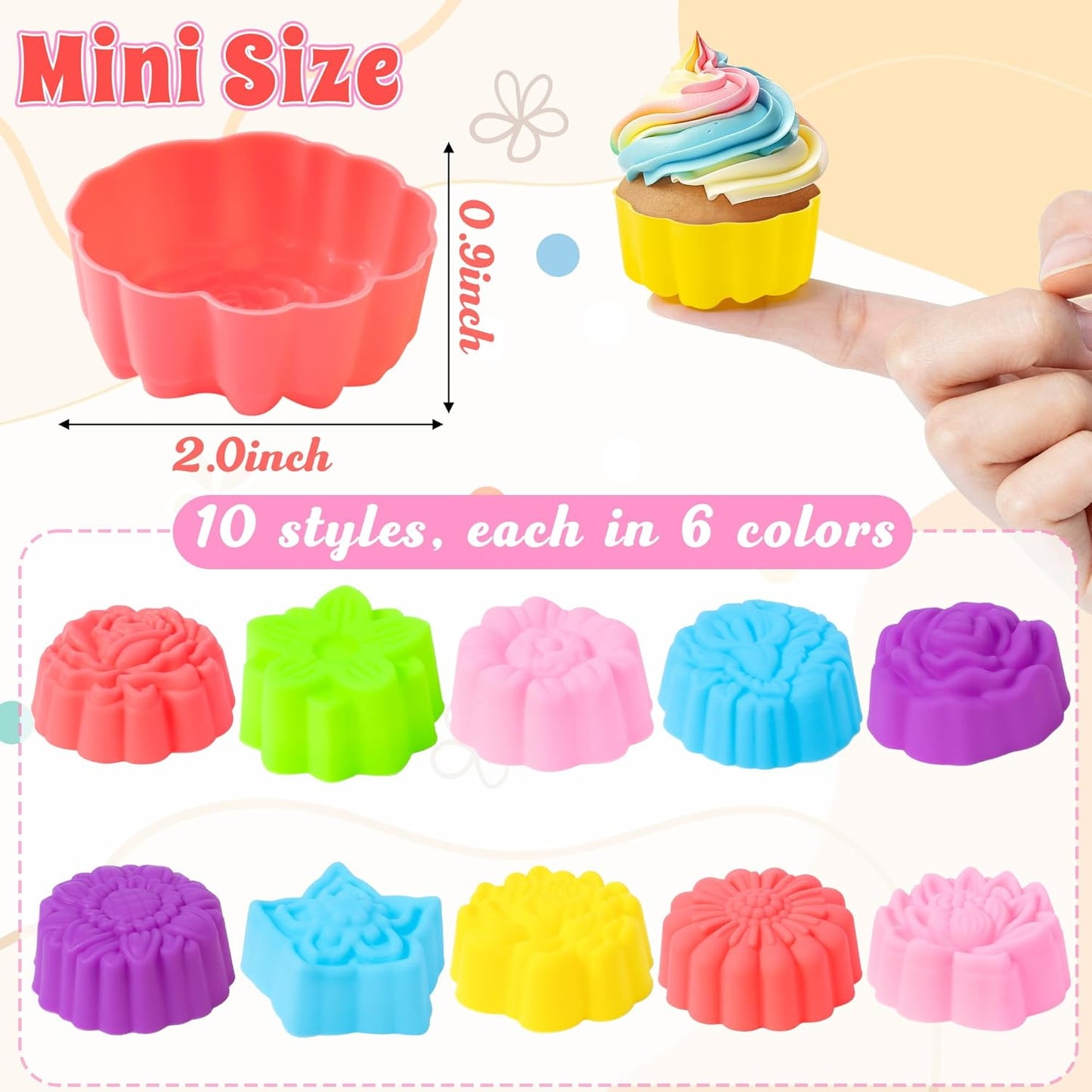 R HORSE Mini Silicone Cupcake Liners Molds - 60Pcs 2 Inch Muticolor Floral Shaped Baking Cups, Reusable Non-Stick Cupcake Wrappers Muffin Baking Liners for Oven Microwave Dishwasher Safe
