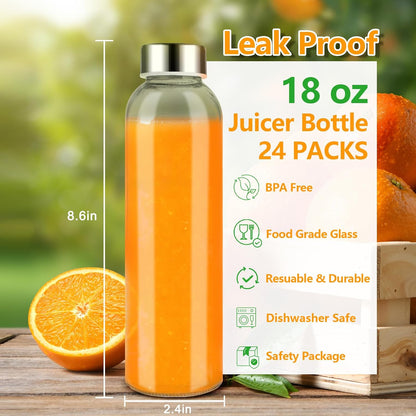 Zukro Glass Juice Bottles with Lids for Juicing 18 oz, Reusable Clear Glass Water Bottles with Stainless Steel Airtight Cap for Refrigerator, 100% Leak Proof Drinking Jar, BPA Free, Set of 6
