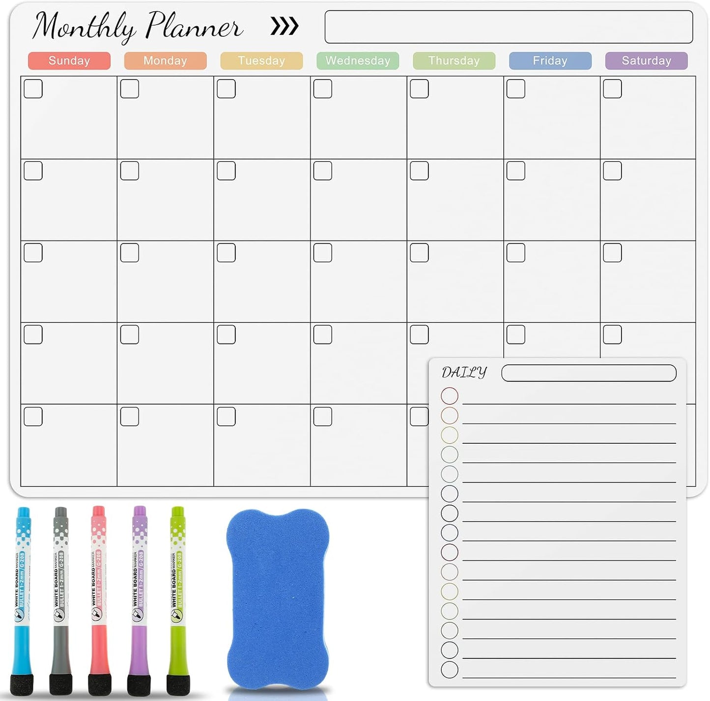 Magnetic Dry Erase Calendar for Fridge Reusable Monthly Planner Board Fridge Calendar White Board Anti-Slip Magnetic Shopping List Planner with 5 Pens for Home Kitchen 16.5x11.8inch