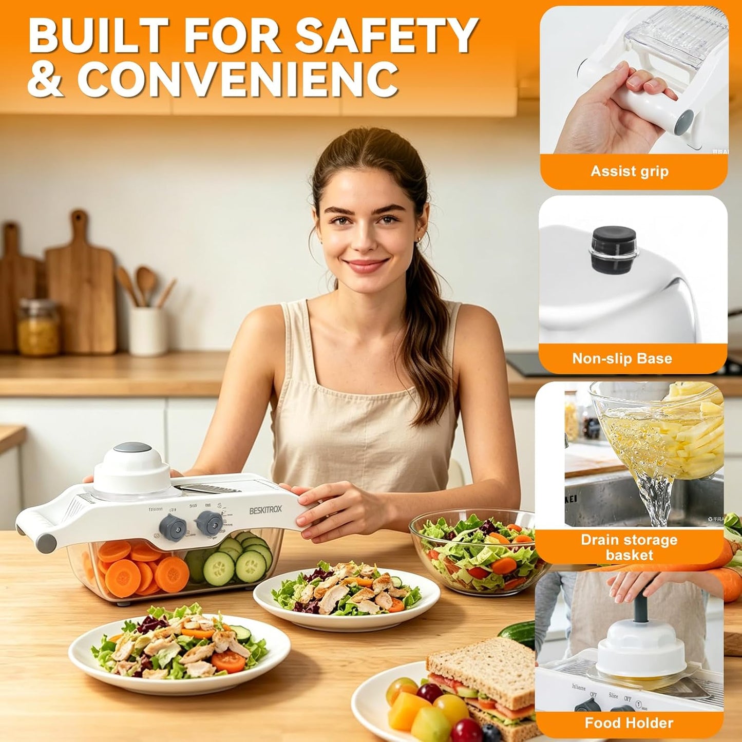 5 Thickness Adjustable Mandoline Slicer, Manual Vegetable & Fruit Slicer with Safety Hand Guard, Compact Kitchen Gadget for Lemon, Potato, Onion, Cucumber, Food Prep Tool for Home Cooking