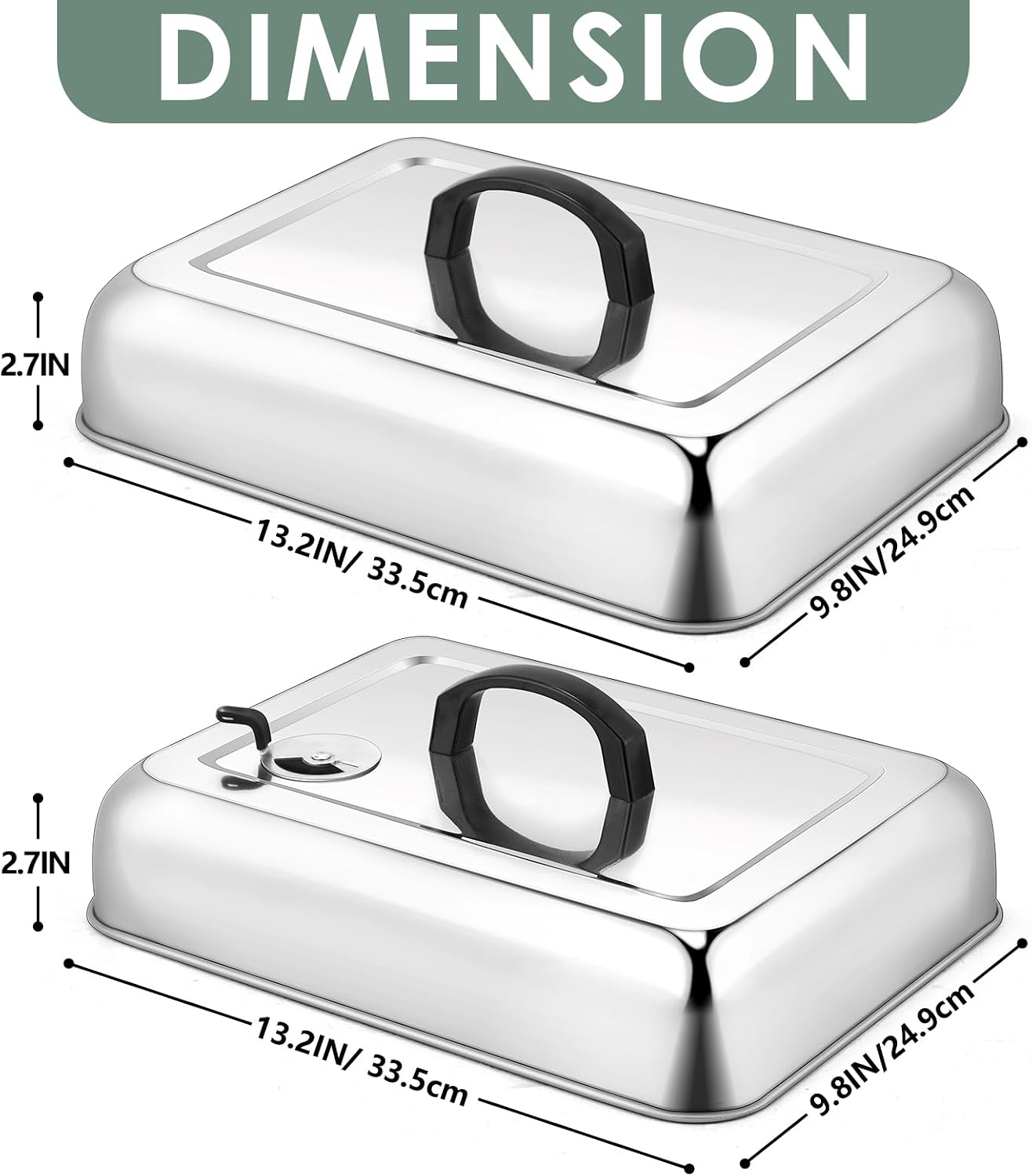 Leonyo 13 x 9 Inch Rectangular Basting Cover Set of 2, Stainless Steel Cheese Melting Dome Lid with Adjustable Vent Heavy Duty for Outdoor&Indoor Flat Top Griddle Accessories Teppanyaki BBQ Grilling