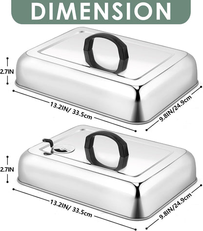Leonyo 13 x 9 Inch Rectangular Basting Cover Set of 2, Stainless Steel Cheese Melting Dome Lid with Adjustable Vent Heavy Duty for Outdoor&Indoor Flat Top Griddle Accessories Teppanyaki BBQ Grilling