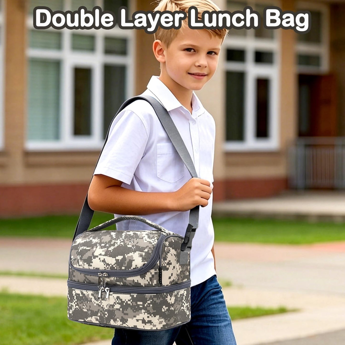 FlowFly Kids Double Decker Cooler Insulated Lunch Bag Large Tote for Boys, Girls, Men, Women, With Adjustable Strap, Unicorn