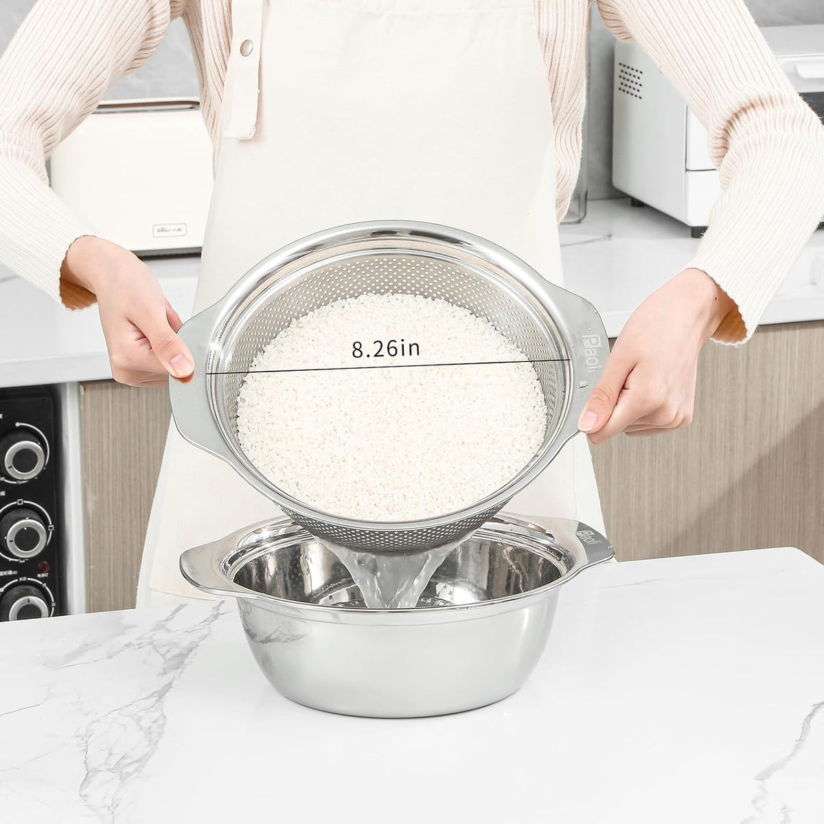 Paoli 304 Stainless Steel Fine Mesh Colander Set, 3.5QT Large Capacity Strainer with Mixing Bowl — Rinse Fruits, Veggies, Rice & Drain Pasta, Dishwasher Safe (2-Piece)