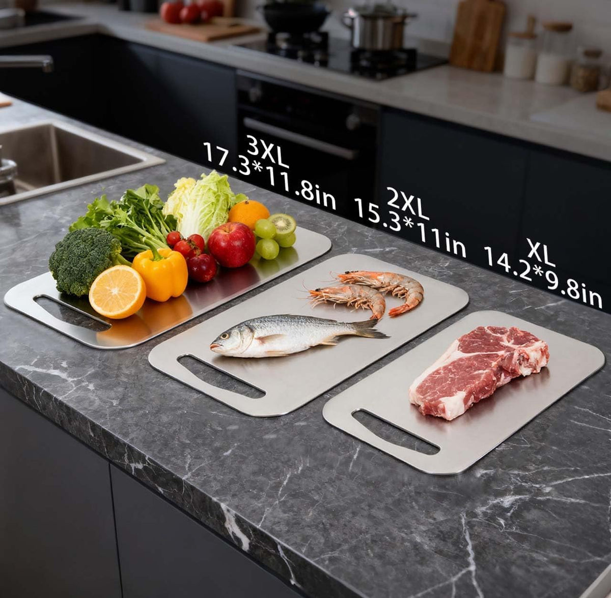 URMONA 3 PCS 304 Stainless Steel Cutting Board Set for Kitchen