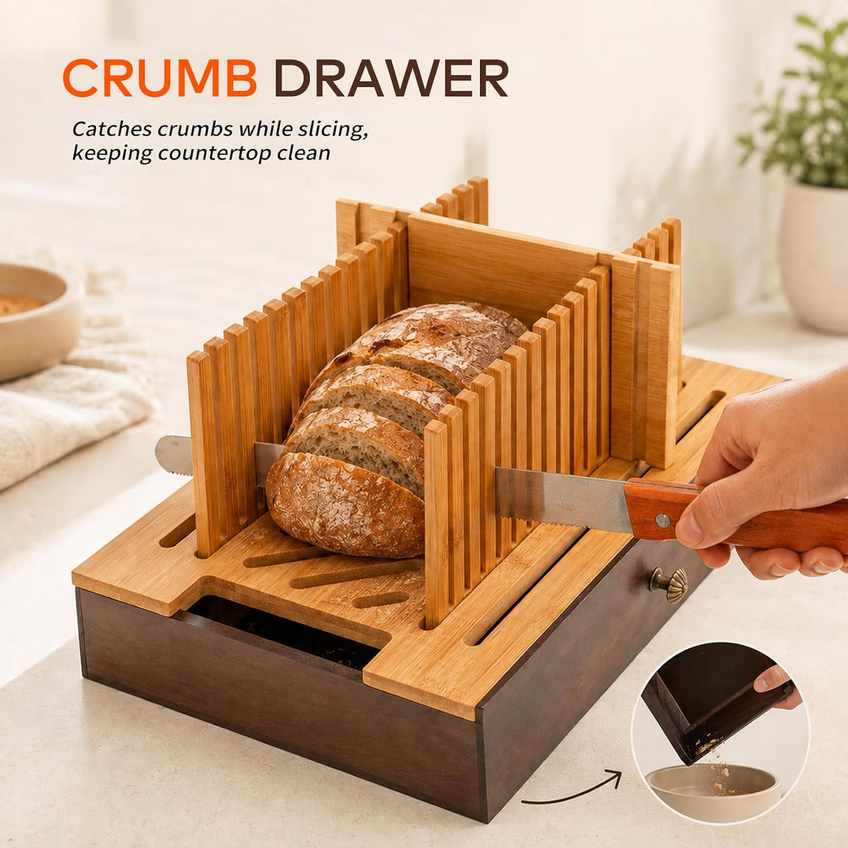 Solid Wood Bread Box with Pull-Out Bamboo Bread Slicer for Kitchen Counter