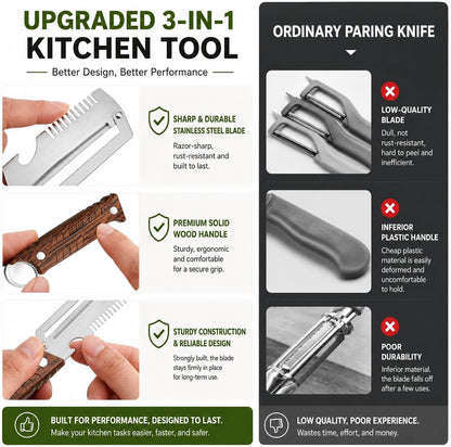 2Pack 3-in-1 Vegetable Peeler with Faux Wood Handle, Stainless Steel Julienne Peeler & Scallion Shredder with Built-In Bottle Opener, Kitchen Peeler for Potato, Carrot, Cucumber, Apple & Fruits