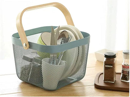 AJIODA Metal Mesh Steel Basket, Storage Organizer Basket Multi-functional Hanging Kitchen Baskets Fruit Basket Bin with Bamboo Handle for Kitchen Bathroom Picnic Shopping Decor Cabinet Home, Blue