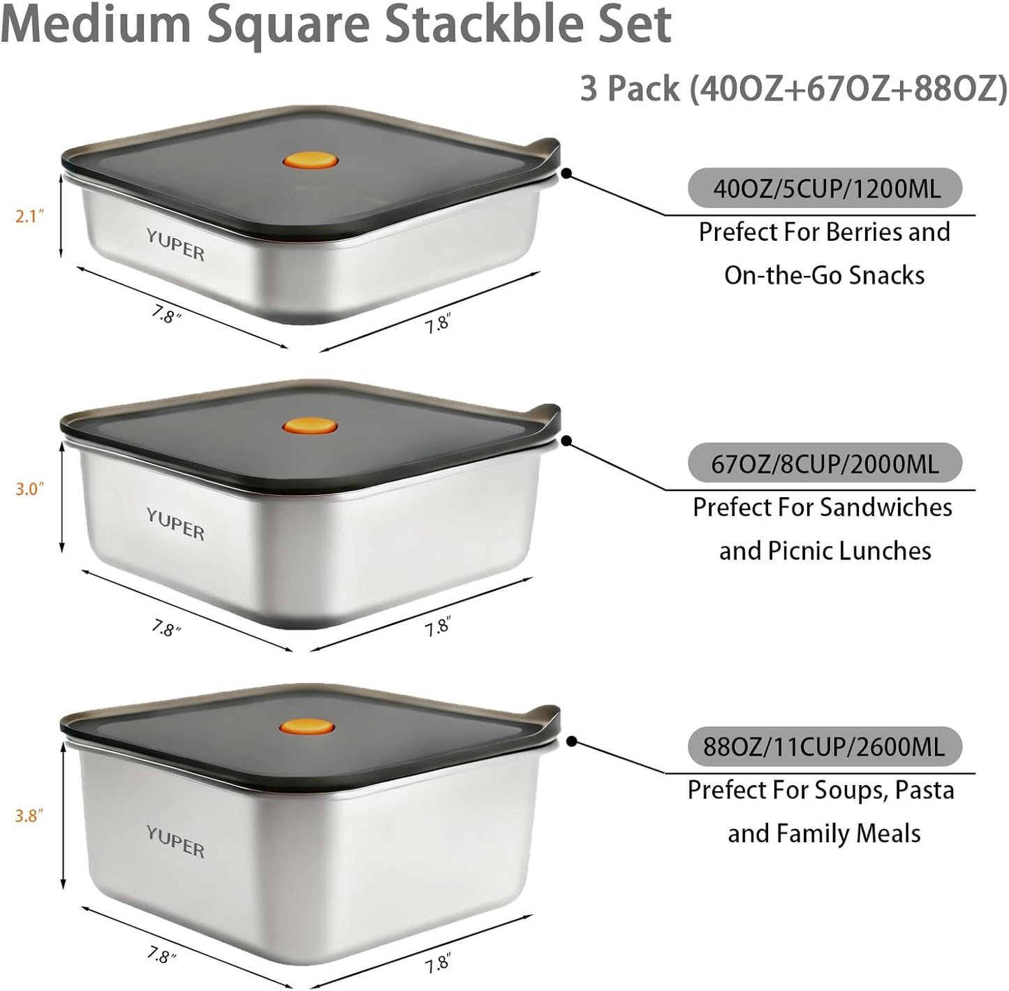 YUPER Stainless Steel Food Storage Containers, Large Meal Prep Container Sets with Lids, BPA Free, Leak Proof & Airtight, Microwave, Dishwasher, Fridge, Freezer & Oven Safe, 3 Pack (84+125+162OZ)