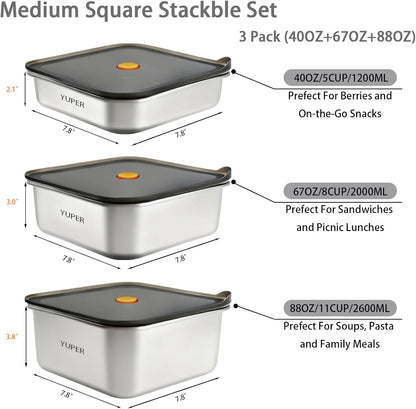 YUPER Stainless Steel Food Storage Containers, Large Meal Prep Container Sets with Lids, BPA Free, Leak Proof & Airtight, Microwave, Dishwasher, Fridge, Freezer & Oven Safe, 3 Pack (84+125+162OZ)