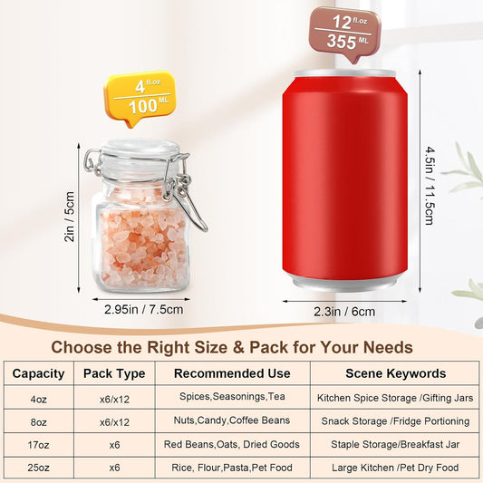 Spice Jars Set of 6, 4 oz Glass Spice Jars with Airtight Lids and Labels, Small Seasoning Jars for Spices, Herbs, Kitchen Spice Organizer