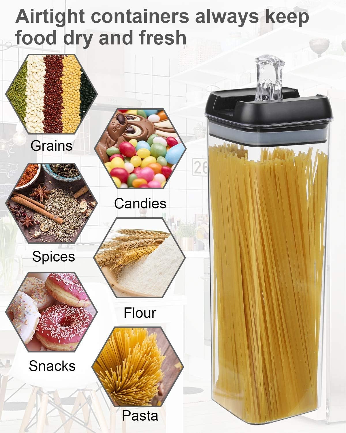 Set of 7 Airtight Food Storage Containers - Pantry Organizer Bins, BPA Free Plastic Containers plus Dry Erase Marker and Labels, White