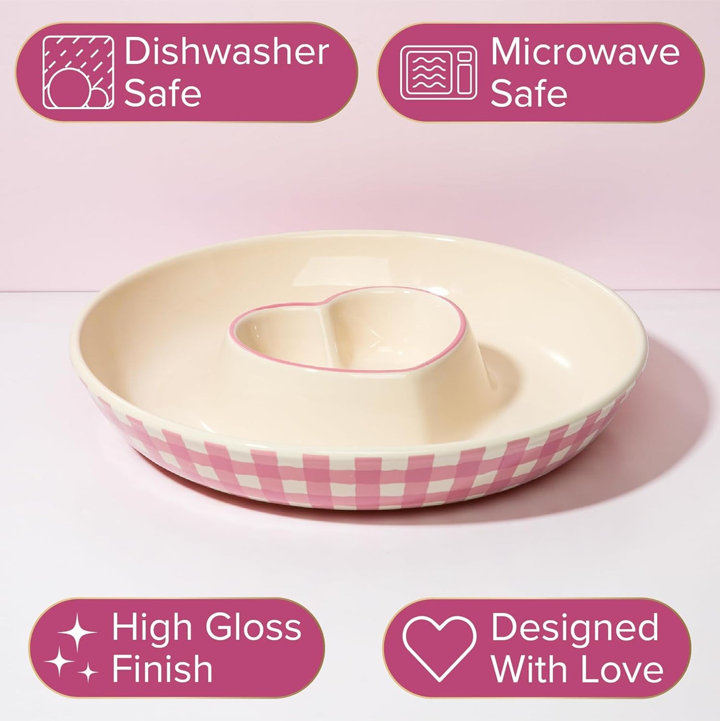 Paris Hilton Chip and Dip Serving Tray, Finely Crafted Stoneware with Heart-Shaped Dipper, Embossed Hearts, Microwave and Dishwasher Safe Stoneware, 12-Inch, Pink
