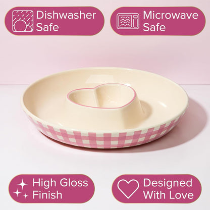 Paris Hilton Chip and Dip Serving Tray, Finely Crafted Stoneware with Heart-Shaped Dipper, Embossed Hearts, Microwave and Dishwasher Safe Stoneware, 12-Inch, Pink