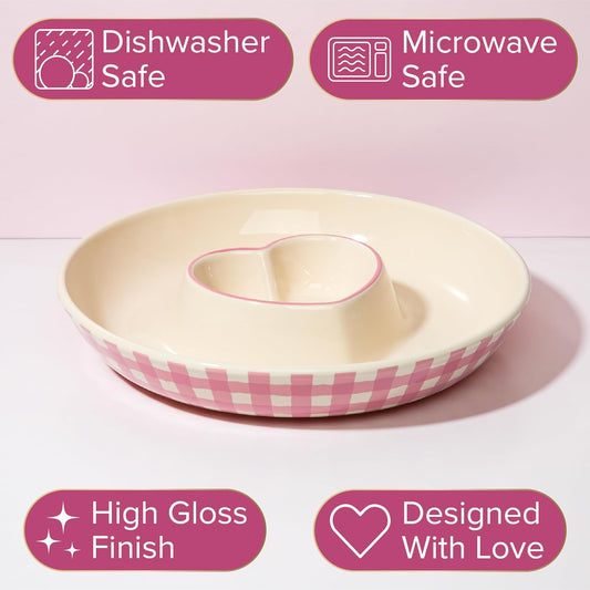 Paris Hilton Chip and Dip Serving Tray, Finely Crafted Stoneware with Heart-Shaped Dipper, Embossed Hearts, Microwave and Dishwasher Safe Stoneware, 12-Inch, Pink
