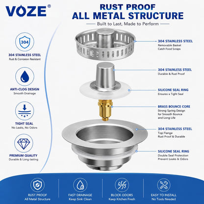 Kitchen Sink Drain Strainer & Stopper with Basket, Stainless Steel Drain Plug Cover Catcher for Food Waste - Sink Accessories for Home or Kitchen Sink Shroom Fit US Standard 3-1/2'' Drain Hole