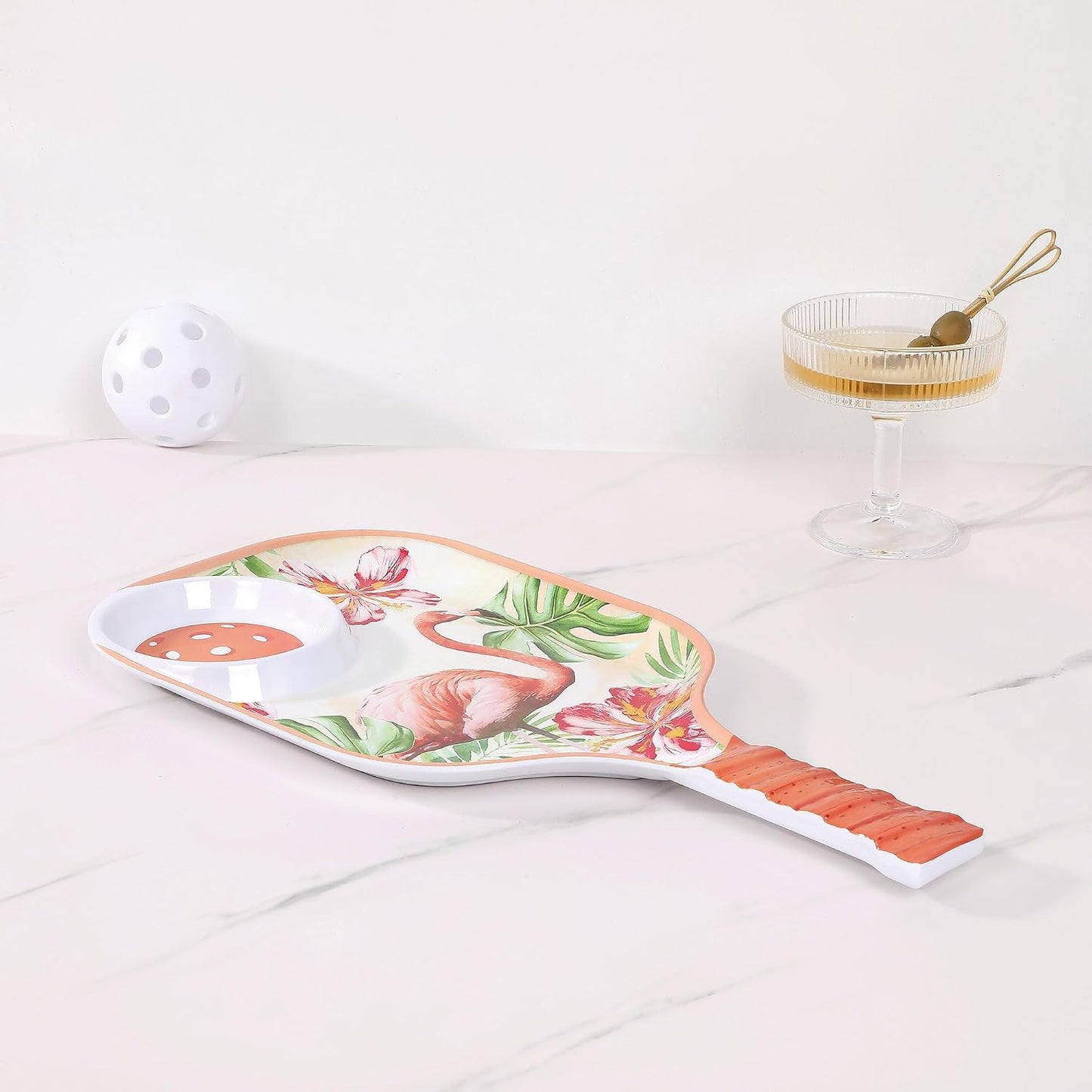 UPware Flamingo Melamine Chip and Dip Snack Tray, Tropical Floral Pickleball Paddle Shape Platter for Chips, Salsa, Fruits, and Appetizers, 15.75 x 8 Inch