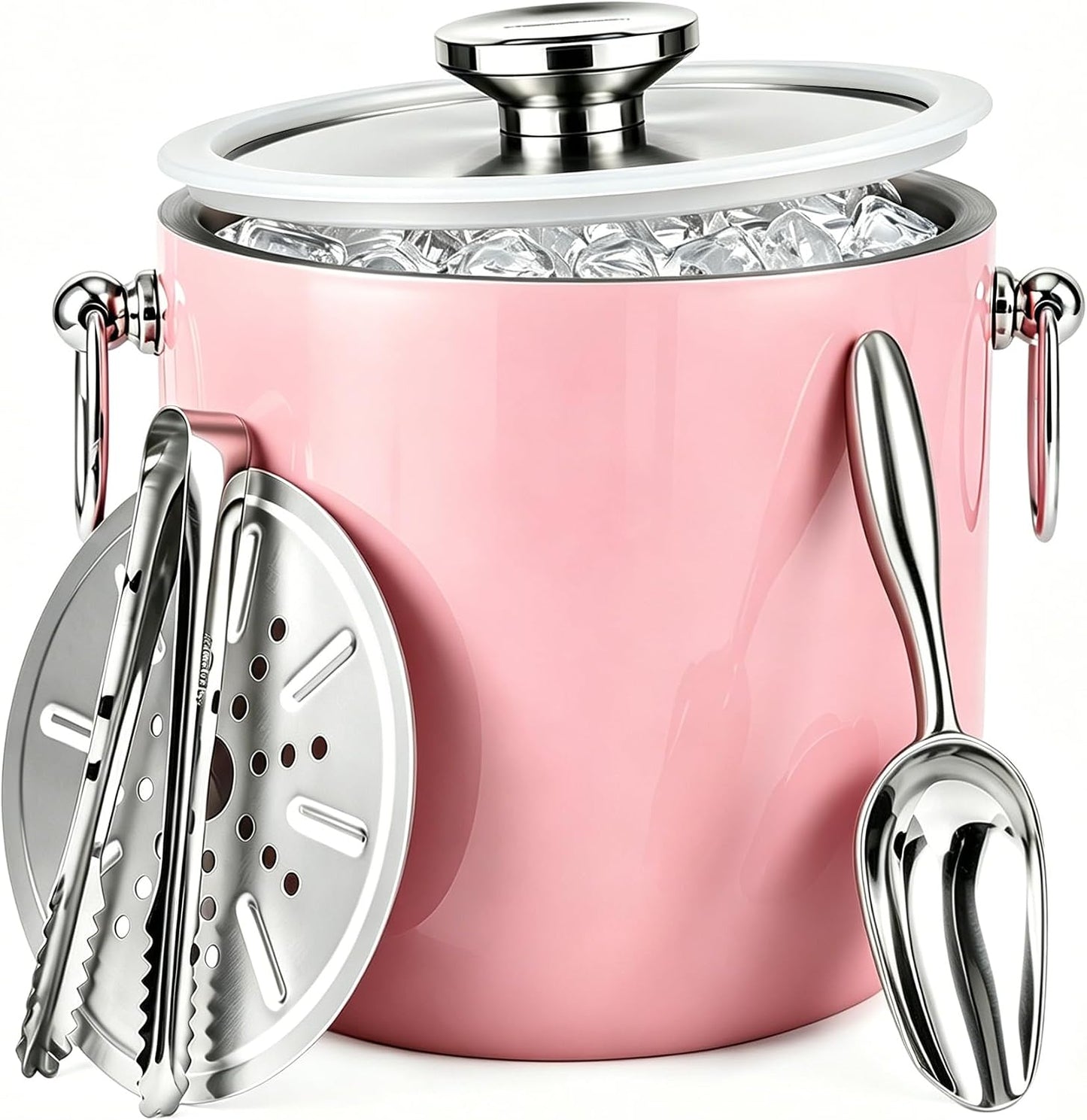 Insulated Ice Bucket, 3L Double Wall Stainless Steel Ice Bucket with Tongs,Lid, Scoop and Strainer, Ice Buckets for Parties,Cocktail Bars, Chilling Beer, Champagne, Wine Bottles