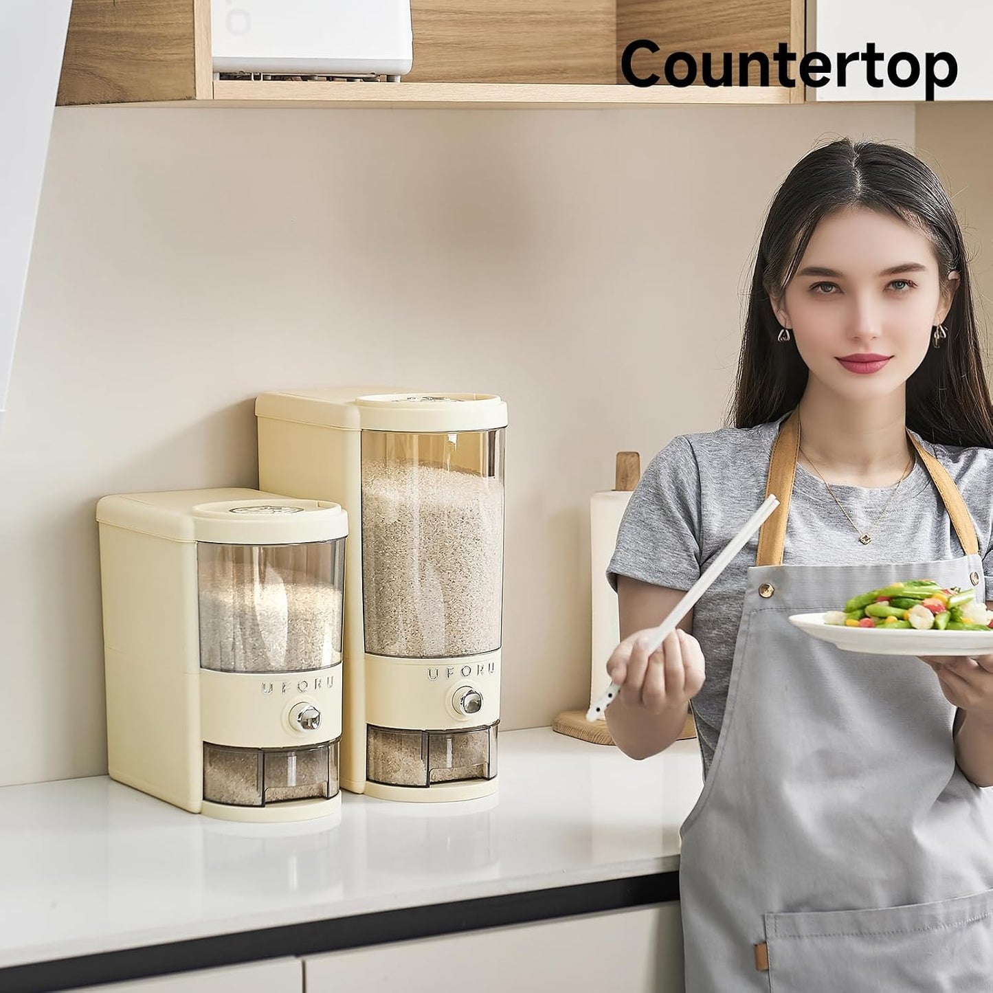 UFORU Rice Dispenser, Rice Storage Container with Measuring Cup for Kitchen Pantry Household, Dry Food Storage Containers Airtight, Sealed Moisture Proof, Cream White 11 Lbs