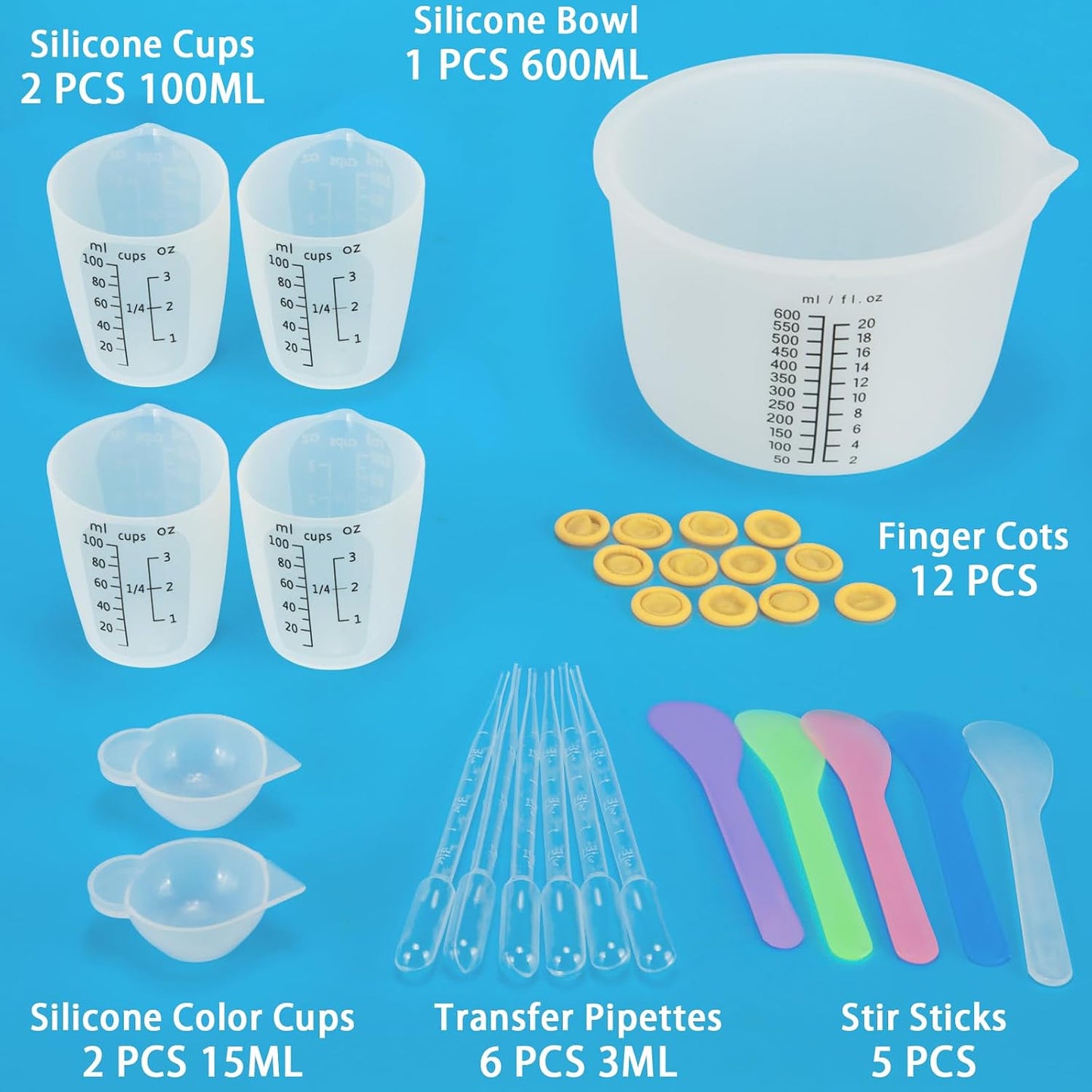 Creahaus Silicone Measuring Cups Tool Kit for Resin, Non-Stick 250 & 100ml Epoxy Mixing Cups, Reusable Resin Supplies with Silicone Mat, Stir Sticks, Pipettes, Cups for Molds, Jewelry Making