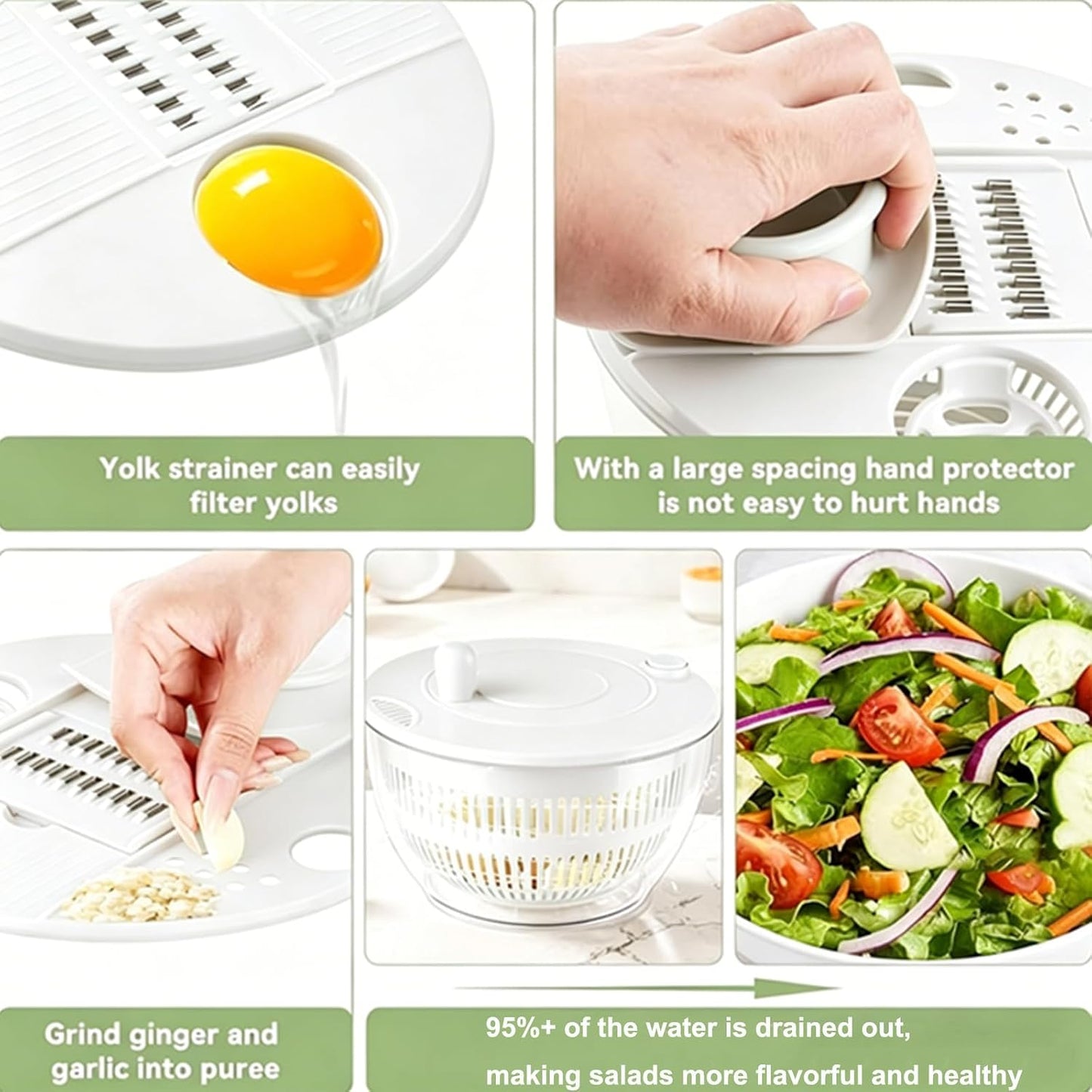 Ceruaxb Salad Spinner Chopper Large with 5 Blades Slicer, Vegetables Fruits Wash Bowl, Lettuce Spinner and Dryer, Egg Yolk Strainer Slicer Shredder for Kitchen Colander, 5.3 Qt, Green