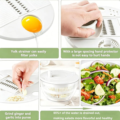 Ceruaxb Salad Spinner Chopper Large with 5 Blades Slicer, Vegetables Fruits Wash Bowl, Lettuce Spinner and Dryer, Egg Yolk Strainer Slicer Shredder for Kitchen Colander, 5.3 Qt, Green