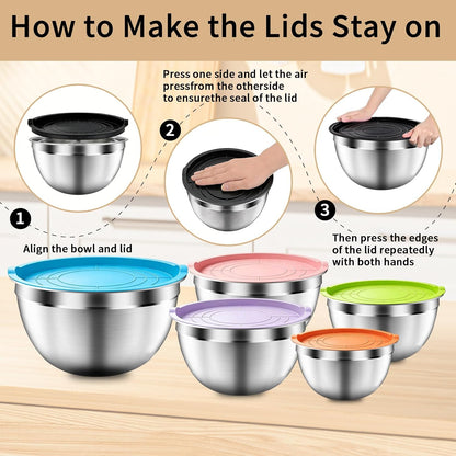Mixing Bowls with Airtight Lids Set, 5 PCS Stainless Steel Khaki Nesting Bowls for Kitchen, Large Prep Metal Mixing Bowls for Kitchen, 5.5/4/3.5/2/1.5 QT for Mixing & Serving