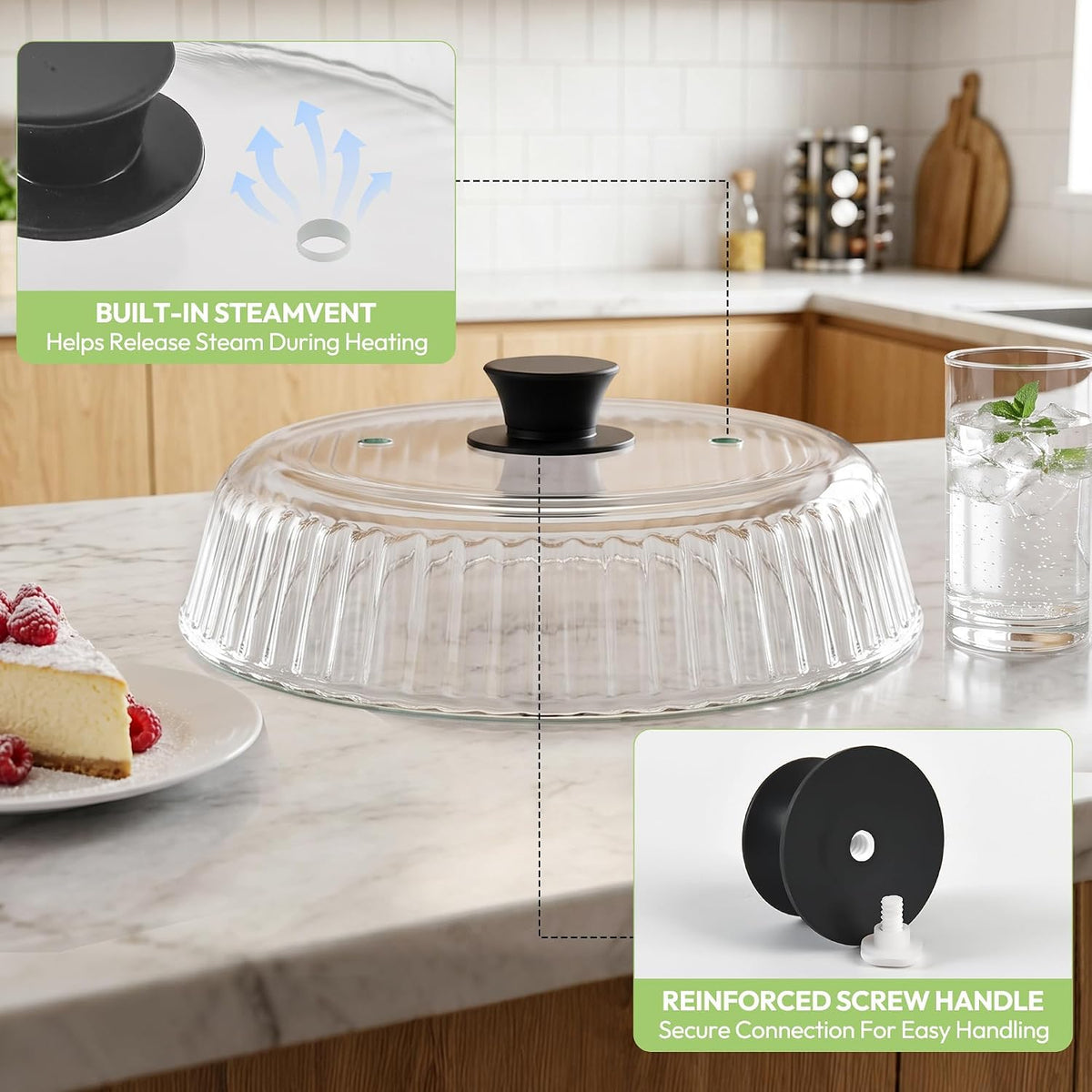 Glass Microwave Cover for Food, 10 Inch Heat Resistant Splatter Guard Lid with Silicone Mat & Vent Holes, Borosilicate Glass Dishwasher Safe, BPA-Free No Plastic