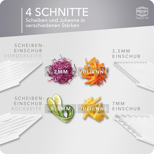 Börner V3 TrendLine Mandoline Starter Set (6 pcs.) • Vegetable Slicer (V-Slicer) + Safety Guard + Inserts + Collection Tray + Multibox • Kitchen Slicer Set (White)
