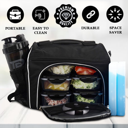 TO GO Meal Prep Bag Insulated Lunch Meals Bag W/6 Portion Control Containers,2 ICE PACKS, Shaker, Pill Box,With an Adjustable shoulder. bag for meals (Black)