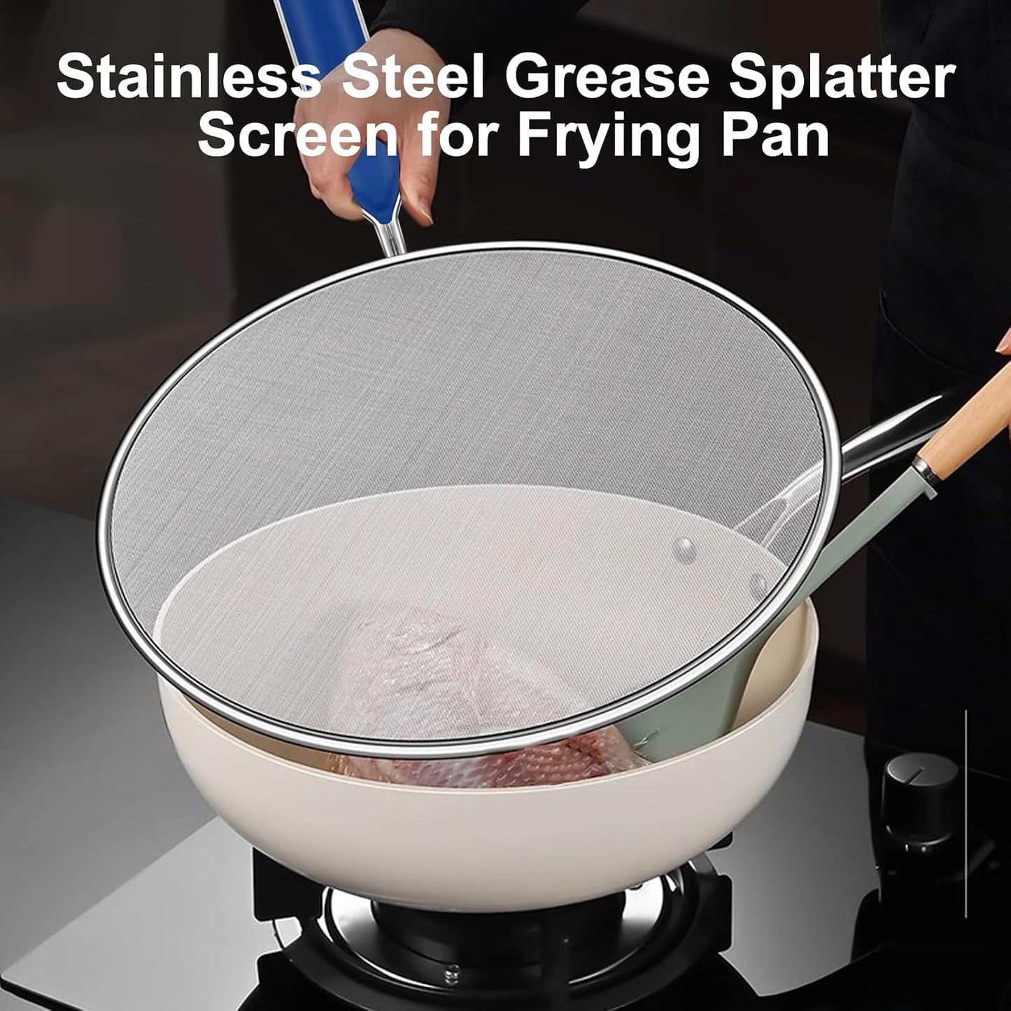 Splatter Screen for Frying Pan 8 Inch Stainless Steel Grease Splatter Guard with Long Comfortable Grip Handle Fine Mesh Prevents for Sizzling Bacon, Cooking Fried Chicken or Popcorn