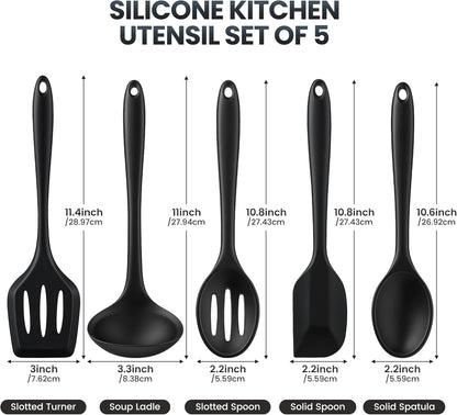 Silicone Kitchen Utensils Set, 5 PCS Heat Resistant Non Stick Cooking Tools, Silicone Spatula/Turner/Serving Spoon/Soup Ladle/Slotted Spoon, for Home and Camping