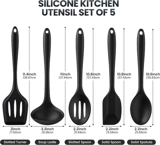 Silicone Kitchen Utensils Set, 5 PCS Heat Resistant Non Stick Cooking Tools, Silicone Spatula/Turner/Serving Spoon/Soup Ladle/Slotted Spoon, for Home and Camping