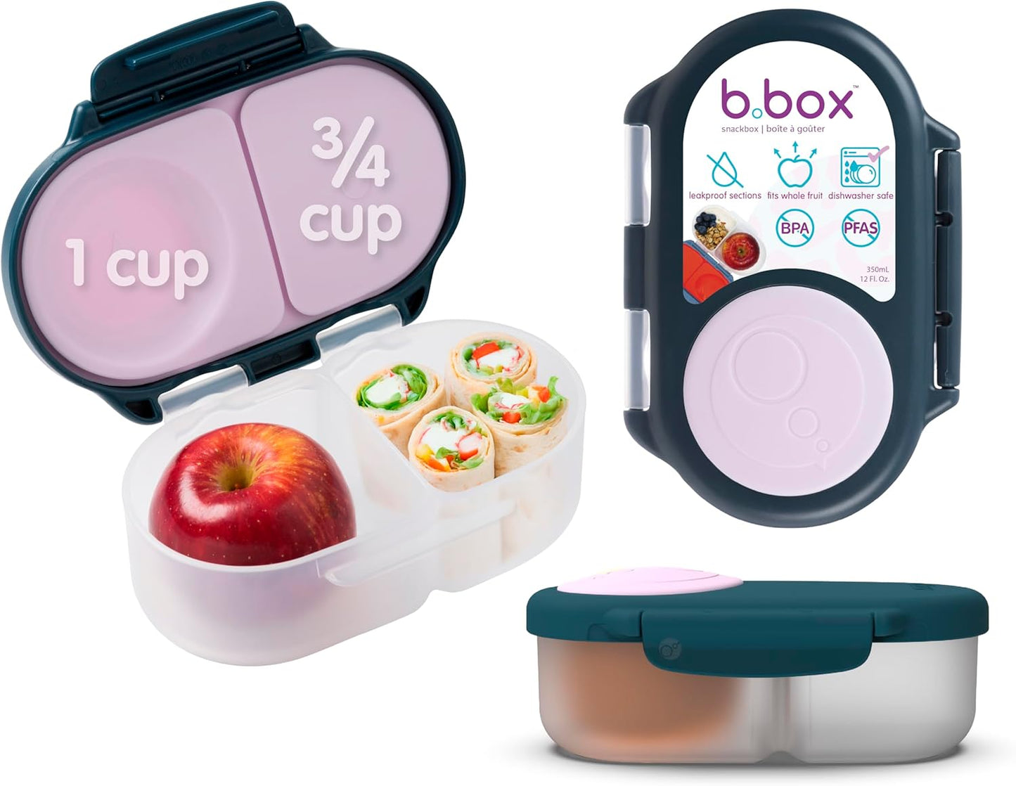 b.box Snack Box 2-Pack - Leak Proof Mini Bento Box for Kids & Toddlers, 2 Compartment Snack Containers for Kids, Dishwasher Safe, BPA-Free, PFAS-Free, Ages 4mo+, 1 3/4 Cup Each (Strawberry + Lilac)