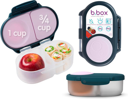 b.box Snack Box 2-Pack - Leak Proof Mini Bento Box for Kids & Toddlers, 2 Compartment Snack Containers for Kids, Dishwasher Safe, BPA-Free, PFAS-Free, Ages 4mo+, 1 3/4 Cup Each (Strawberry + Lilac)