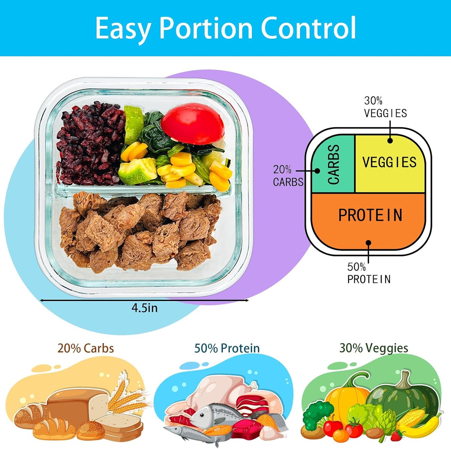Bariatric Meal Prep Containers 3 Pack, 8 oz Portion Control Containers for Bariatric Meals with Two 4 oz Compartments, Reusable Glass Snack Food Containers with Lids (Pink)