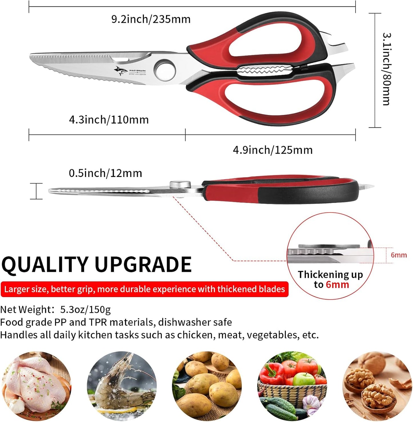 MAD SHARK Kitchen Scissors All Purpose Kitchen Shears Come Apart,Stainless Steel Utility Scissors with Comfort Grip,Heavy Duty Poultry Shears for Food,Chicken,Meat,Fish,Dishwash Safe(BLACK)
