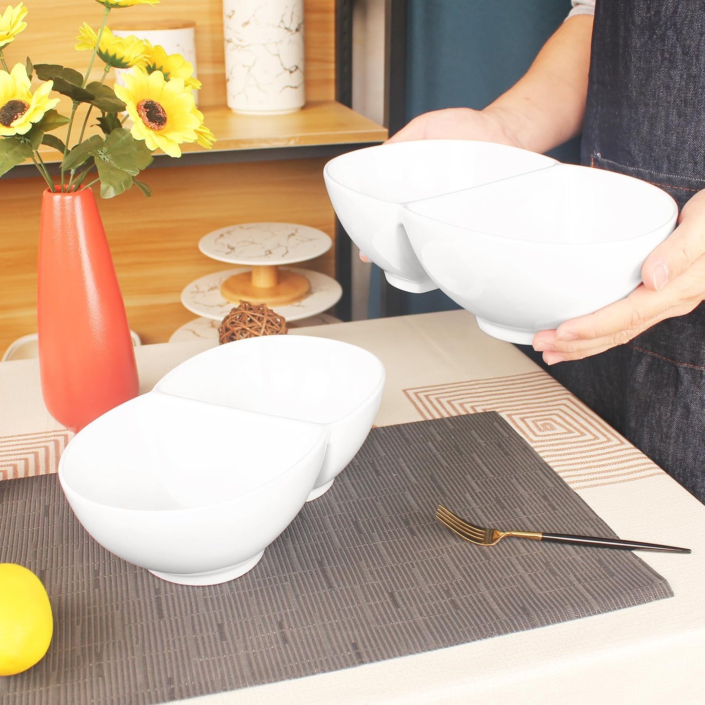 Chip and Dip Serving Set Porcelain Tray Deep Divided Bowl,Set of 2 Divided Platters/Divided Bowls,Lunch&buffet tableware,for Dishwashers,microwaves,ovens safety 13.9 Inch