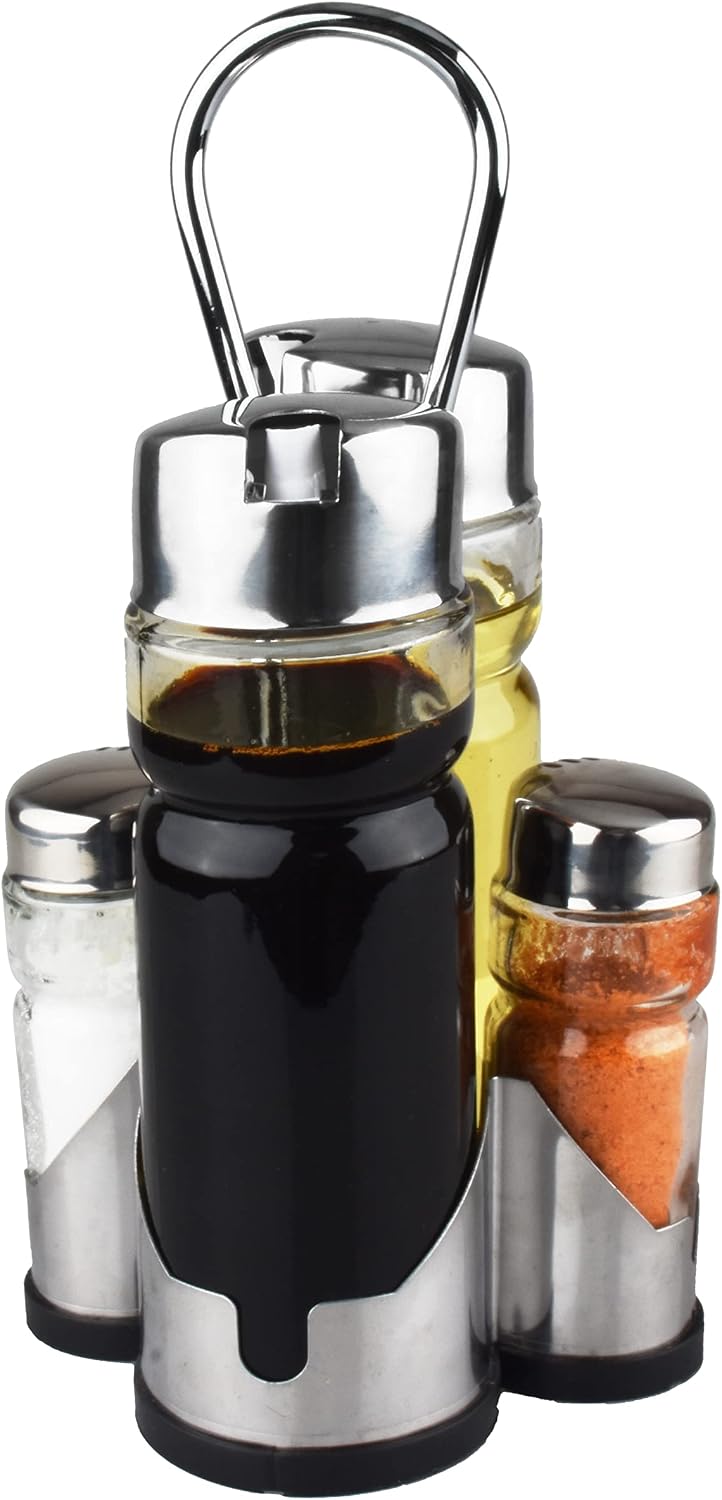 Salt and Pepper shakers, Oil and Vinegar Dispenser Set with Stainless Steel Holder (Salt & Pepper + Oil & Vinegar)