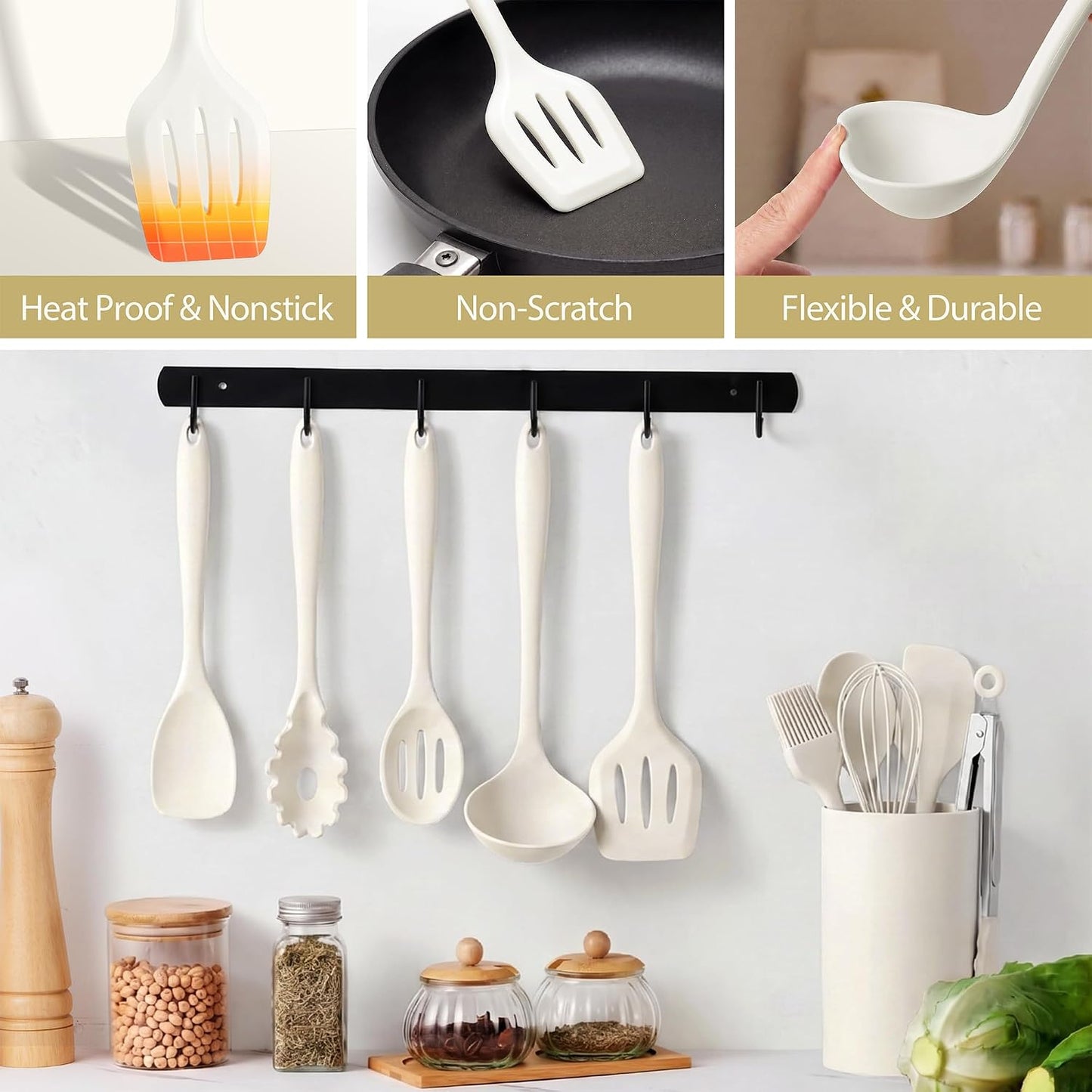 LIANYU 14 Pcs Silicone Kitchen Utensils Set with Holder, 446°F Heat Resistant Silicone Cooking Kitchen Utensils Spatula Set, Non-Stick & Dishwasher Safe Cooking Tools, Comfort Grip Handle, Black