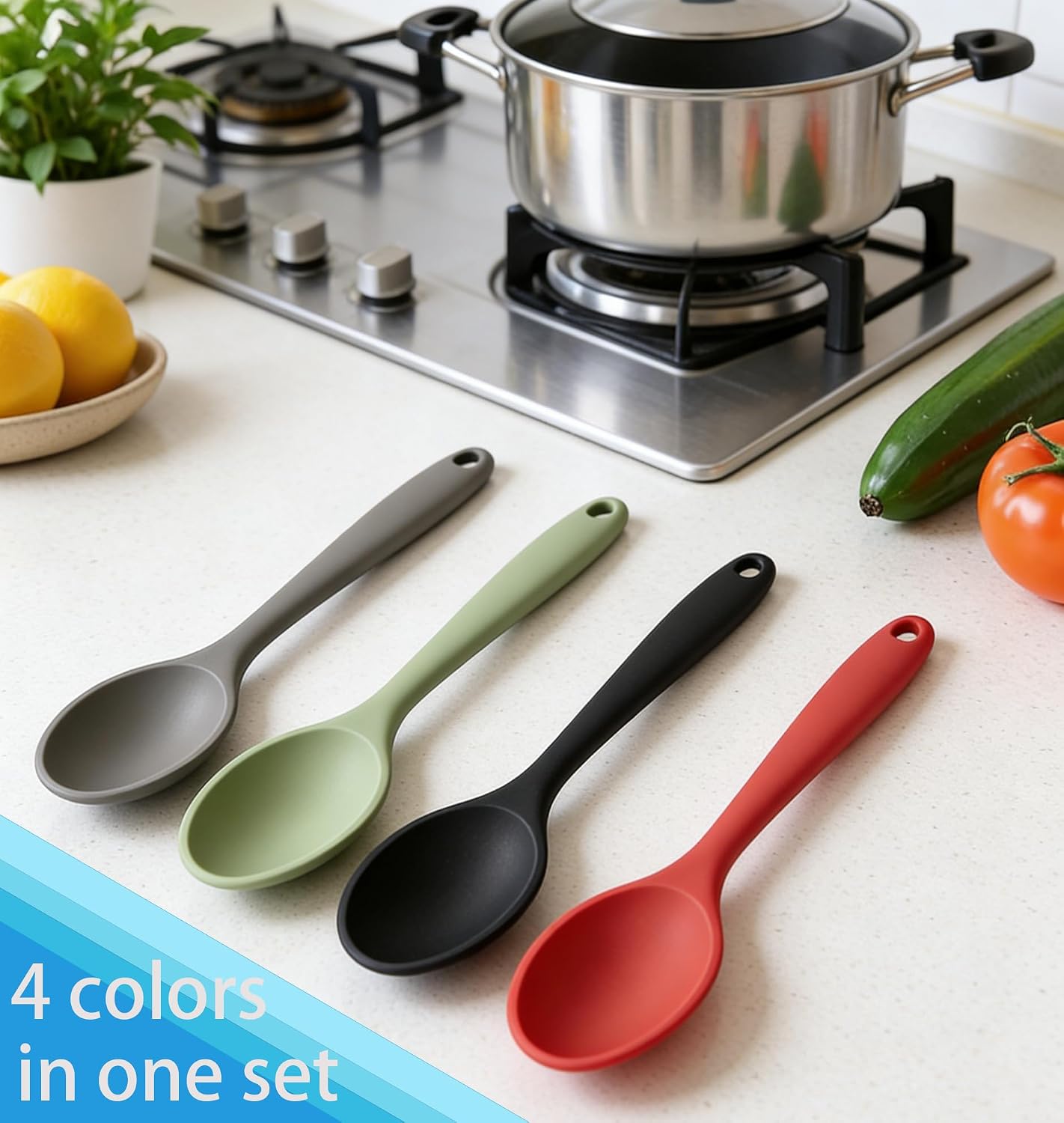 4pc Silicone Cooking Spoons Set, 10.82" Long Spoons for Nonstick Cookware, Heat Resistant Kitchen Spoons for Cooking, Baking, Stirring Soup & Sugar