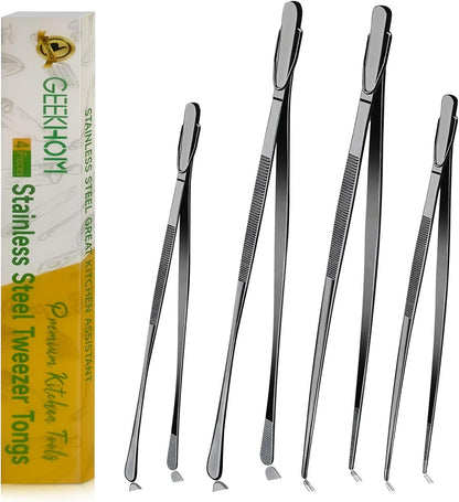 GEEKHOM 4-Piece 12 & 10-Inch Cooking Tongs: Professional Stainless Steel Scissor Tongs Set with Non-Slip Grip (Black)